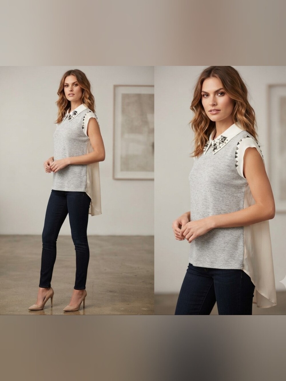 Beautiful BAR III Sleeveless Layered Top Peter Pan Embellished Collar Sz L